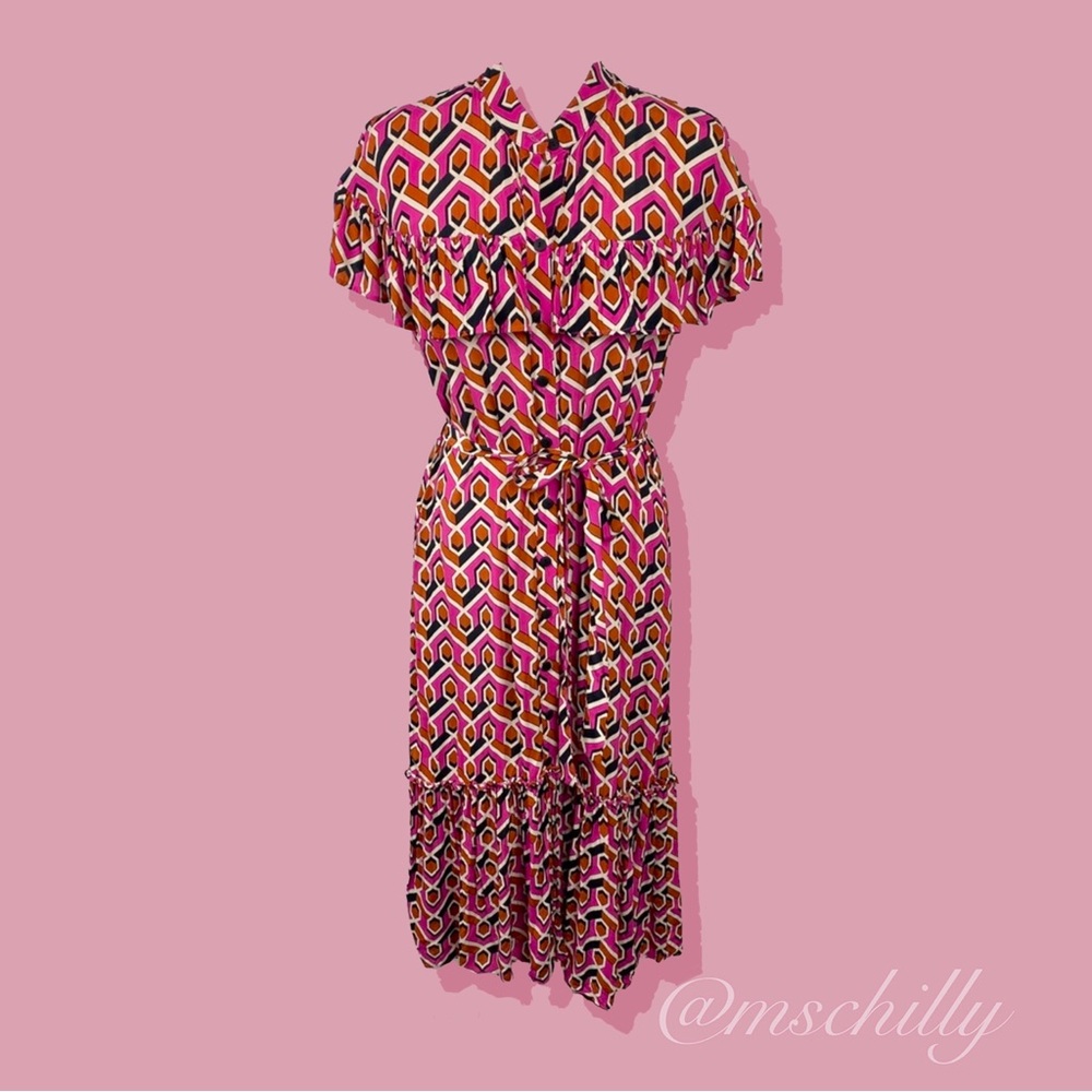 Anthro Corey Lynn Calter Annabel Geometric Midi Shirtdress Dress Pink Orange S - Picture 1 of 8